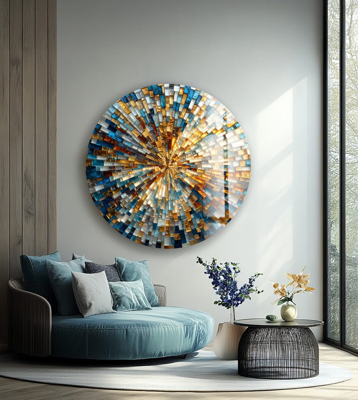 Golden Radiance Spiral  – Round Glass Wall Art