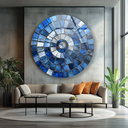 Visual rhythm flows through the blue mosaic in this round glass wall art, creating a mesmerizing swirl in a captivating glass art painting.