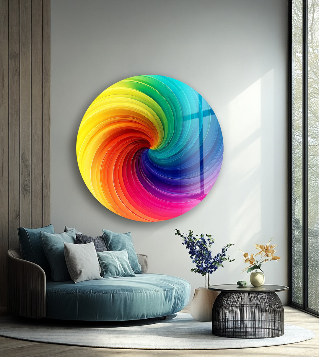 Vortex of Color – Rainbow Swirl Round Glass Wall Art