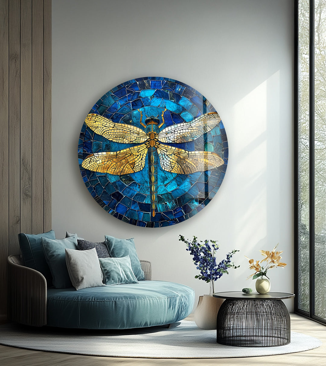 Golden Wings – Dragonfly Mosaic Round Glass Wall Art