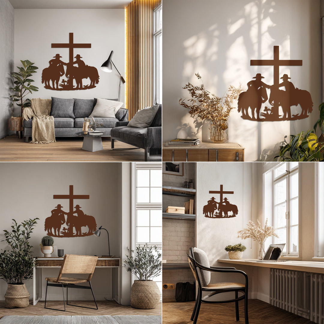 Cowboys and Cross Metal Wall Art – Western Faith-Inspired Home Decor