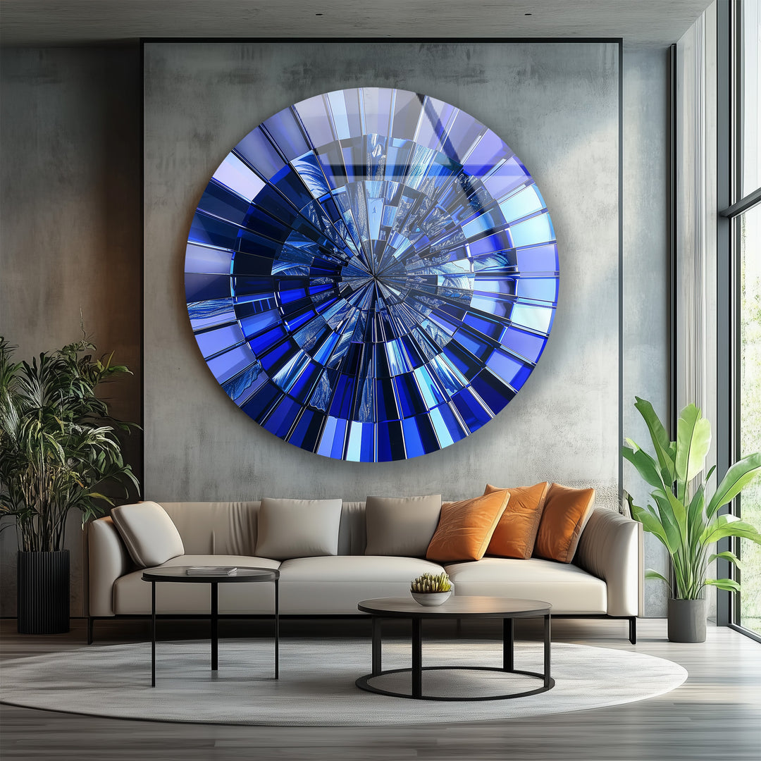 Midnight Radiance – Deep Blue Reflective Round Glass Wall Art