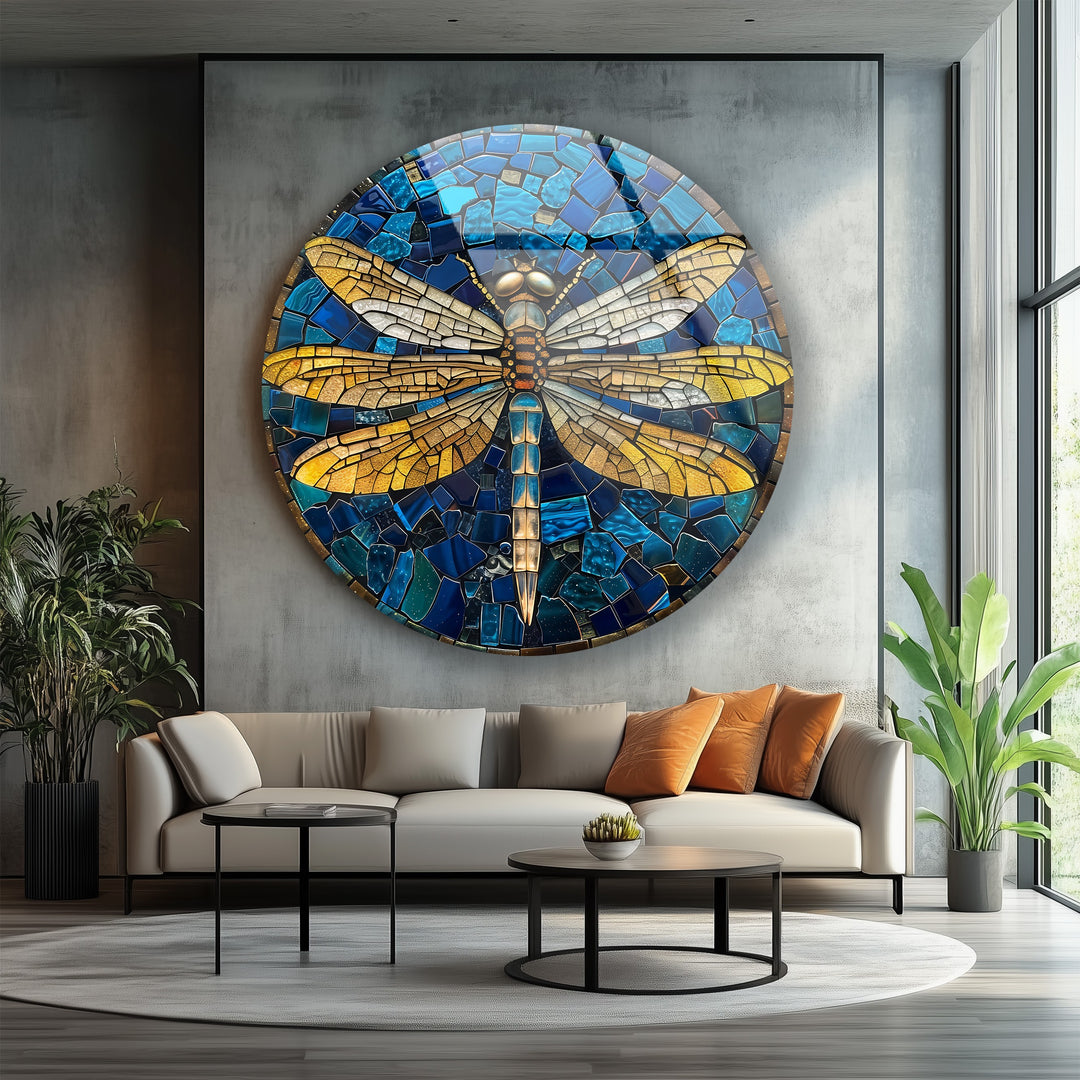 Dragonfly-themed mosaic glass artwork for living room decor