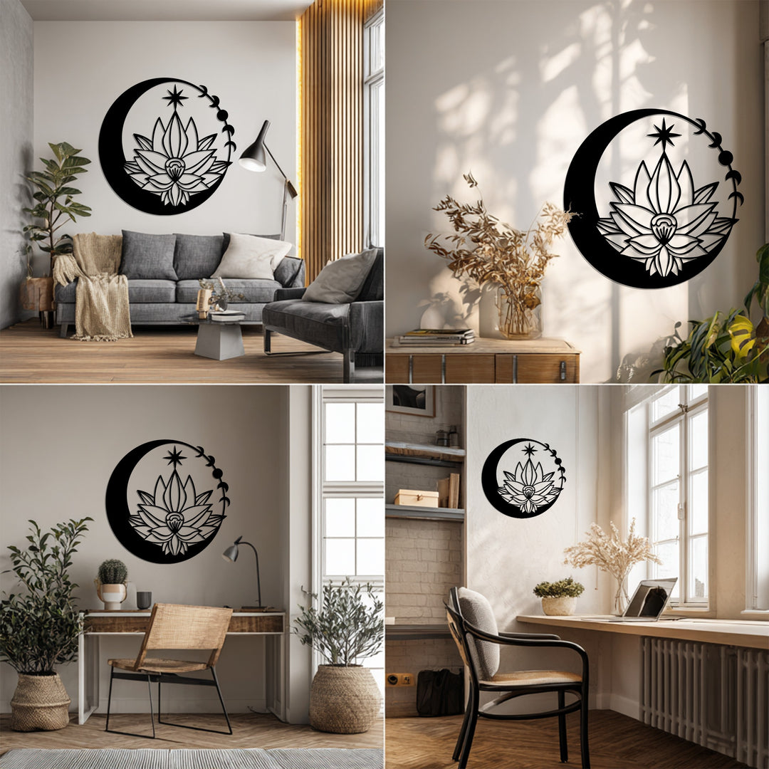 Lunar Blossom – Moon and Lotus Flower Metal Wall Art