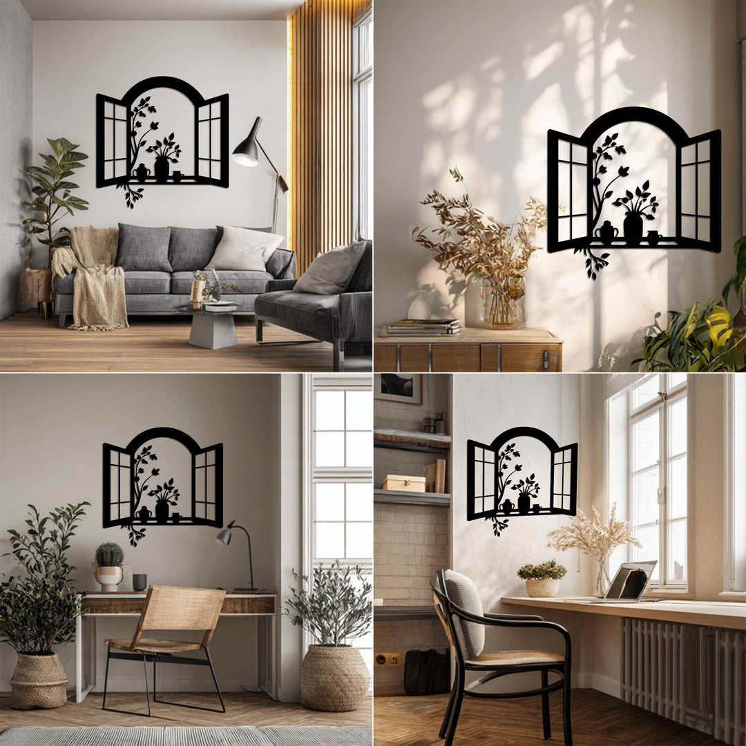 Window Frame with Flower Pots – Elegant Metal Wall Art