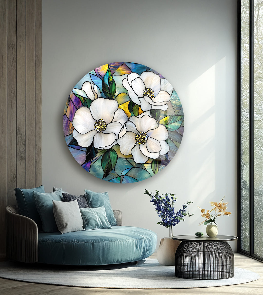Ivory Bloom Harmony – Round Glass Wall Art