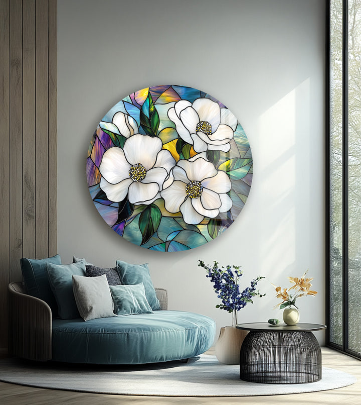 Ivory Bloom Harmony – Round Glass Wall Art