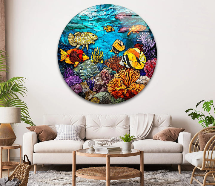 Vibrant Coral Reef Scene – Round Glass Wall Art - MyPhotoStation