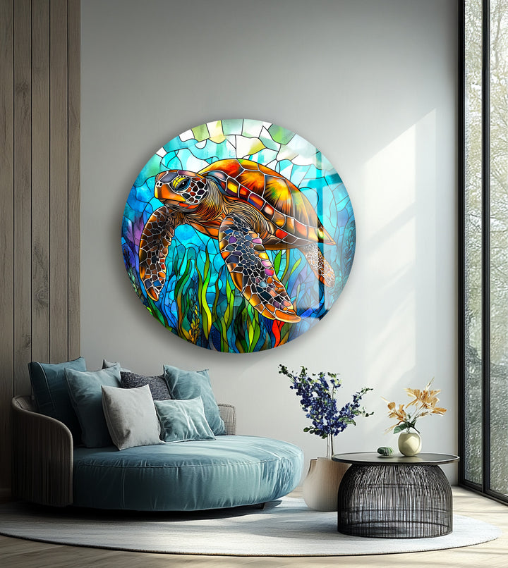 Ocean Voyager – Sea Turtle Round Glass Wall Art