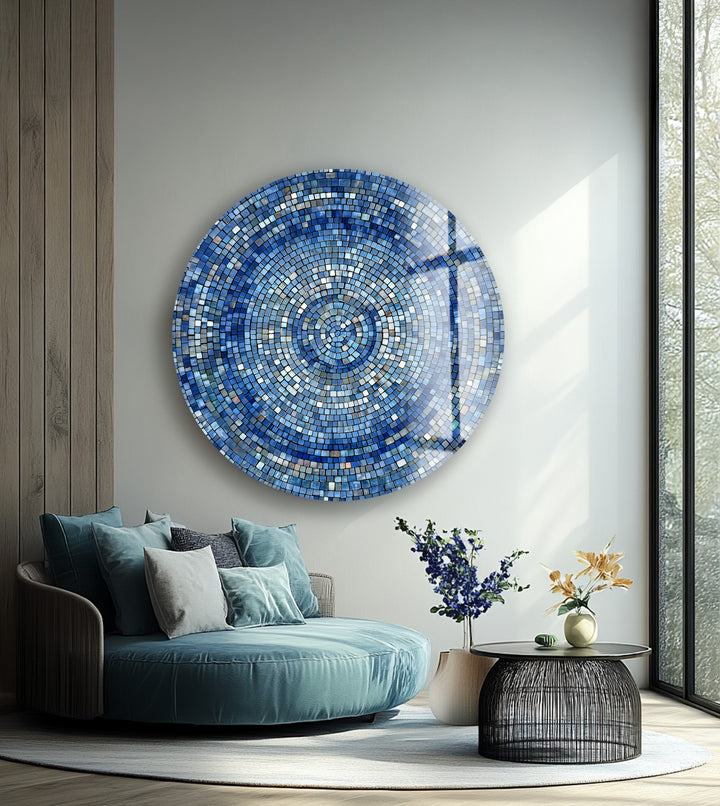 Celestial Blue Mosaic – Round Glass Wall Art