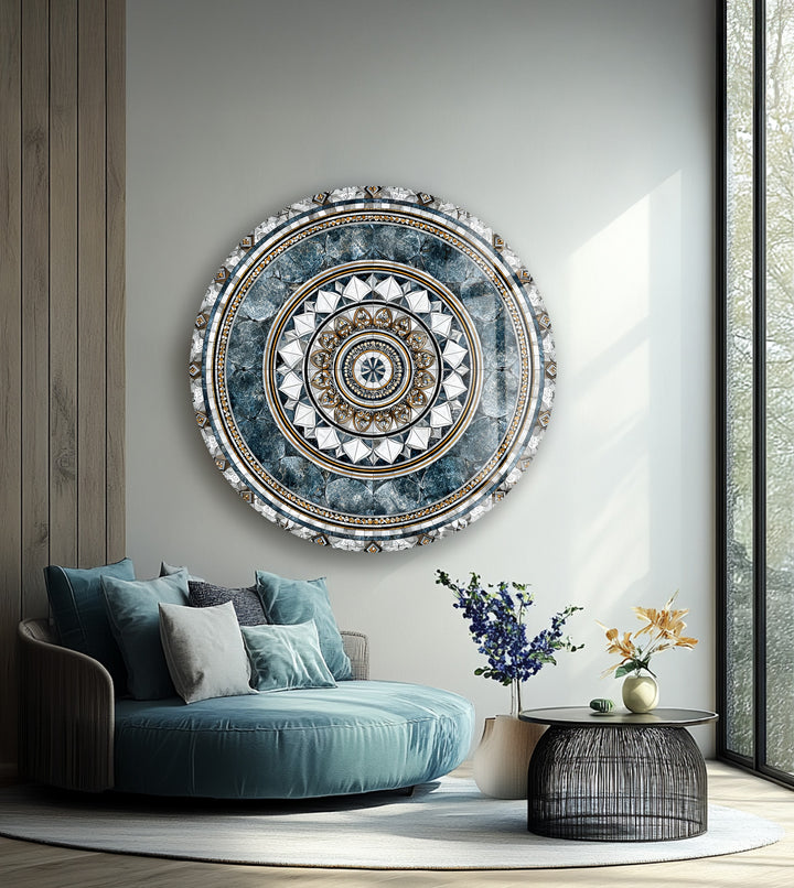 Imperial Marble Mandala – Round Glass Wall Art