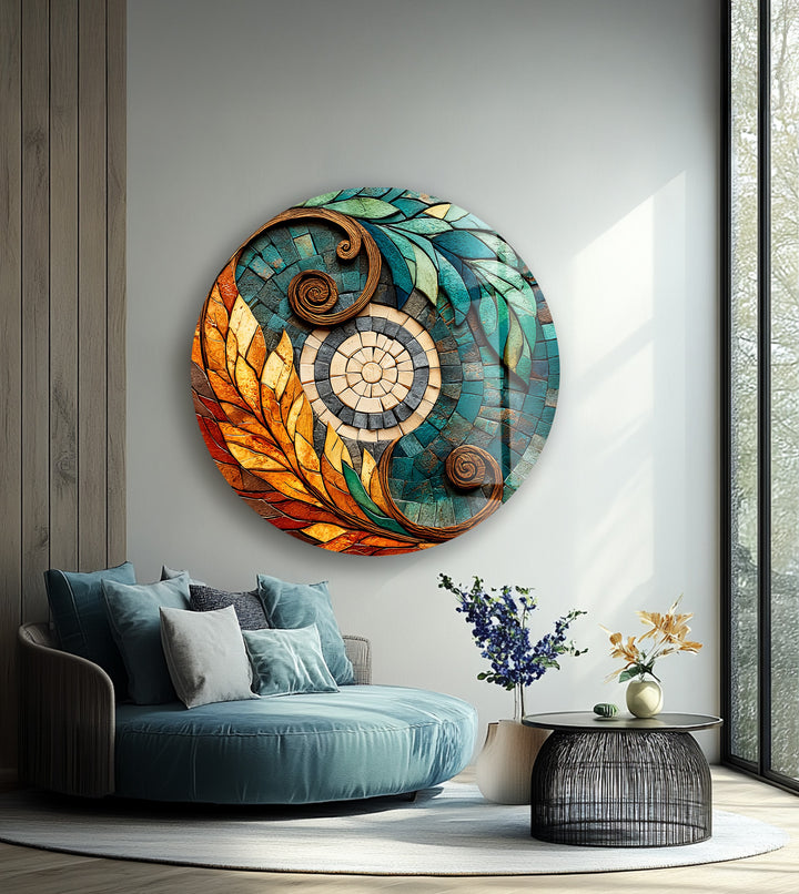 Solar Leaf Harmony – Round Glass Wall Art