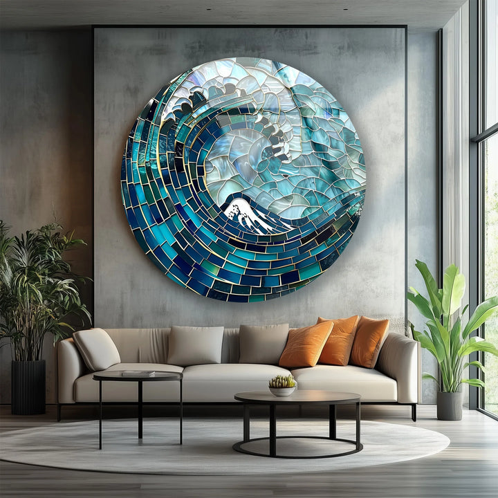 Deep Sea Wave Mosaic Round Glass Wall Art - MyPhotoStation