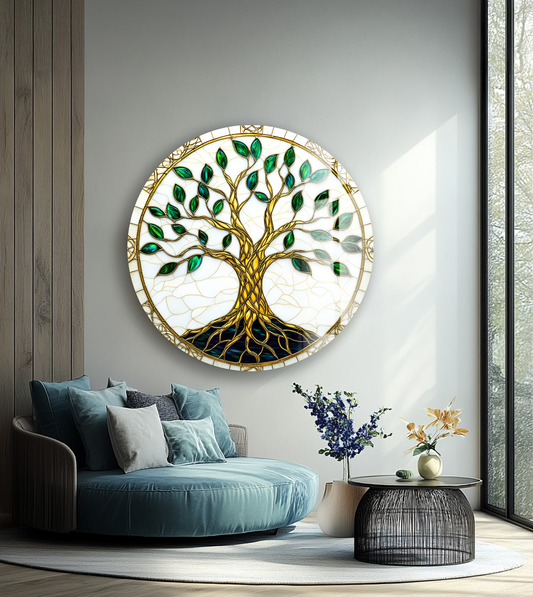 Golden Roots of Harmony – Round Glass Wall Art