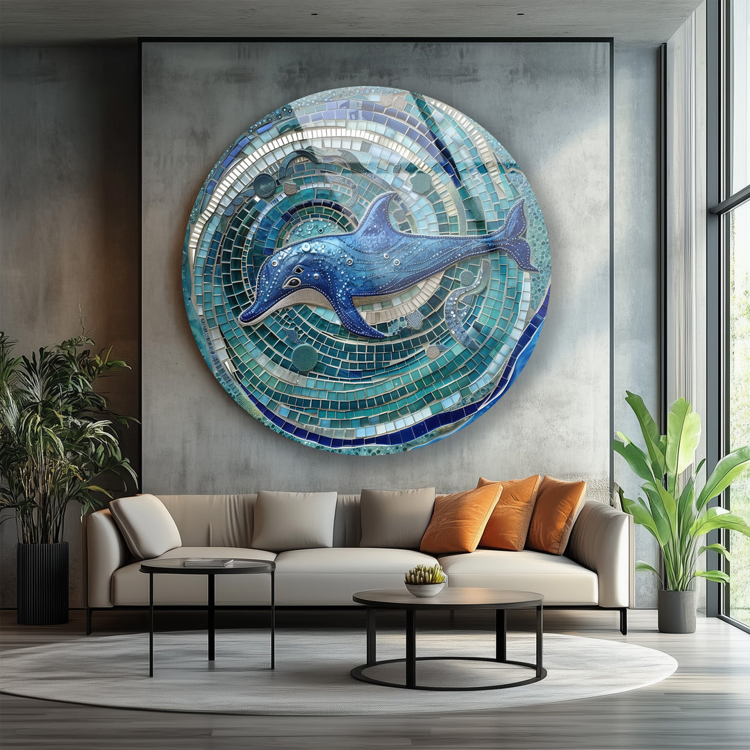 Coastal round glass wall decor featuring a dolphin design
