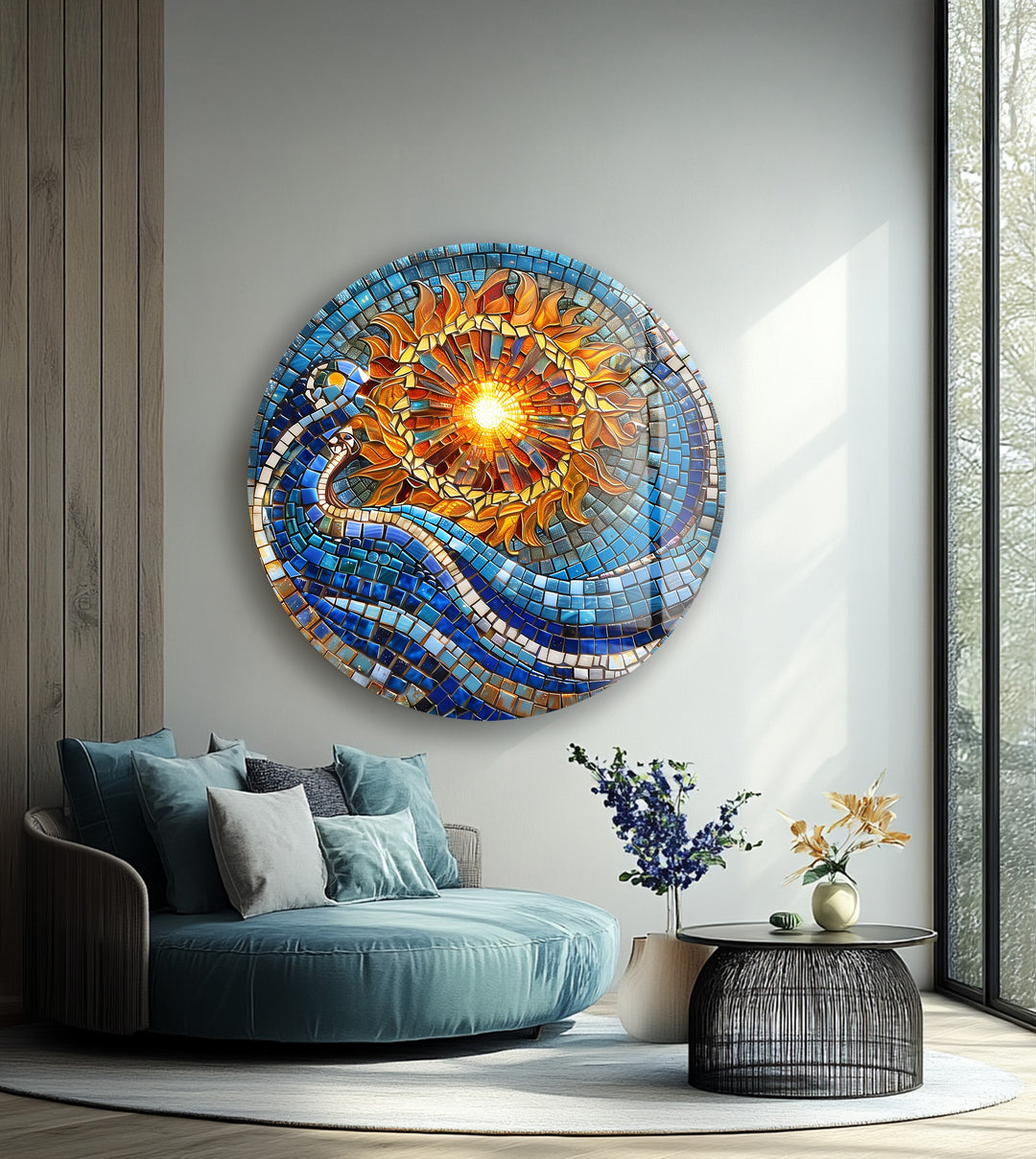 Solar Flow – Blue and Gold Mosaic Round Glass Wall Art