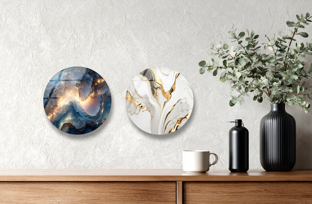 Ethereal Gemstone Round Glass Wall Art Set – Abstract Agate Elegance