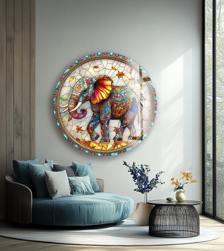 Majestic Mosaic Elephant – Round Glass Wall Art