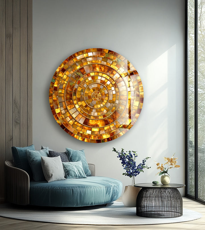 Golden Spiral Radiance – Gold Round Glass Wall Art