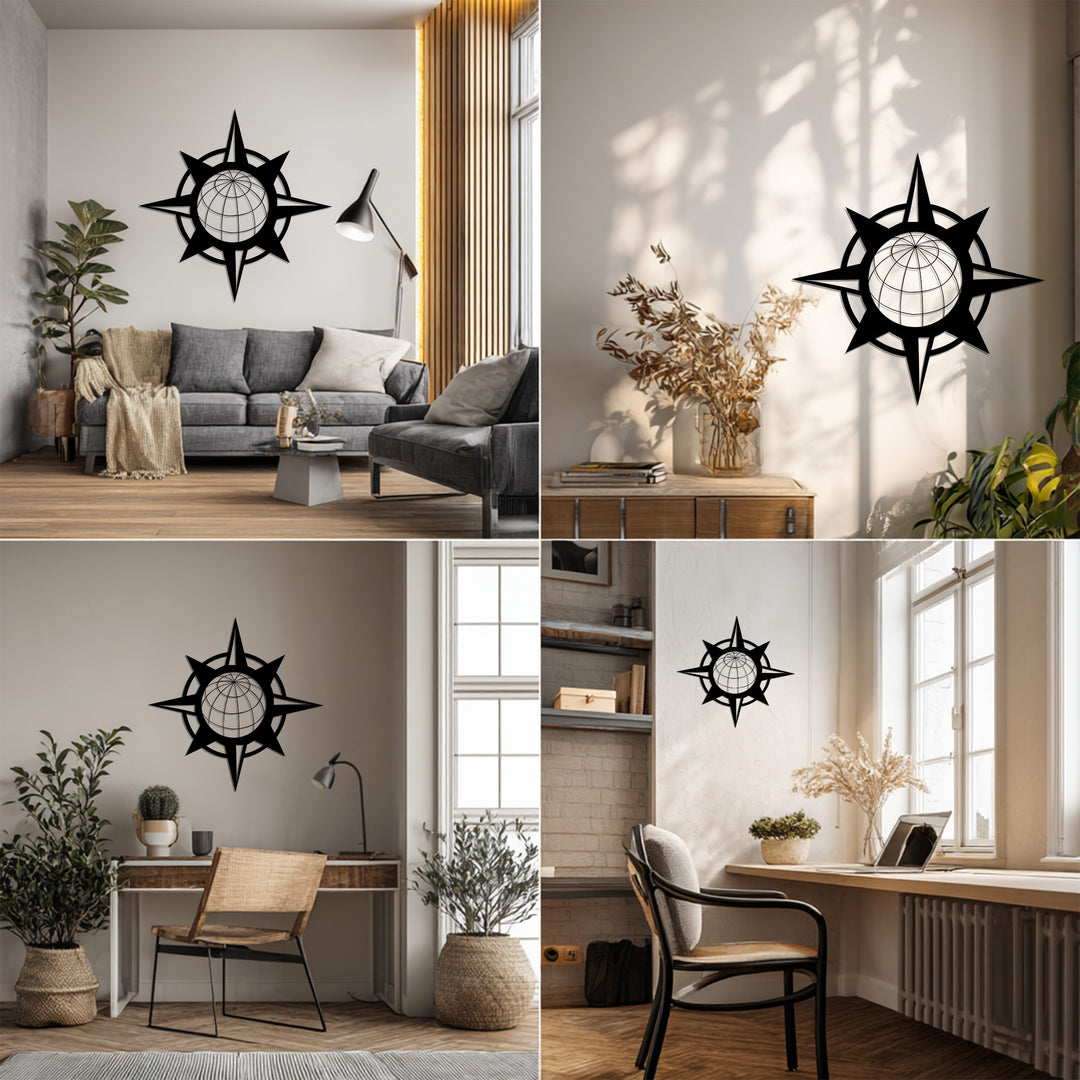 Black compass globe metal wall hanging
