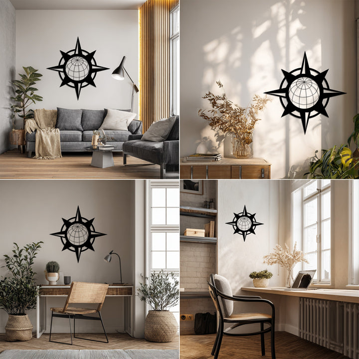 Black compass globe metal wall hanging