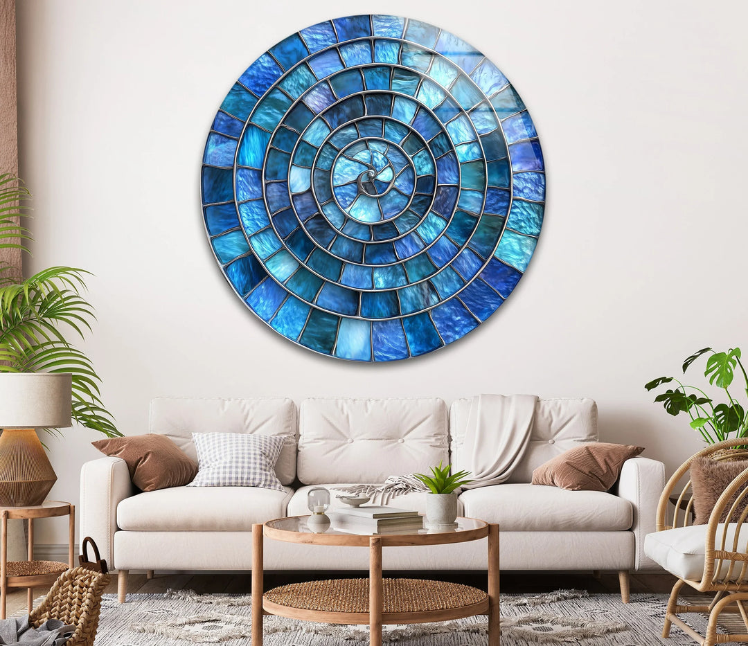 Blue Aqua Spiral Harmony – Round Glass Wall Art - MyPhotoStation