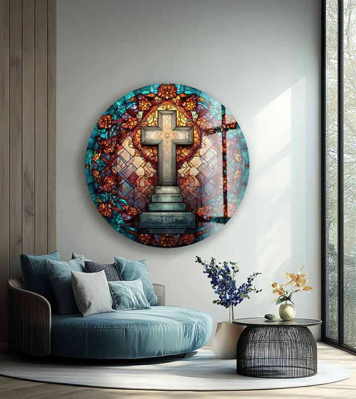 Golden Petal Harmony – Round Glass Wall Art