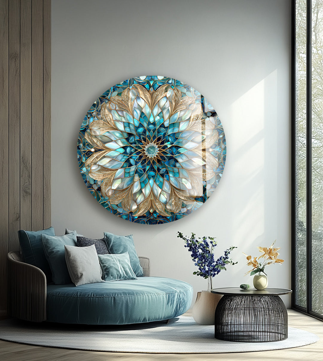 Celestial Bloom Mandala – Round Glass Wall Art