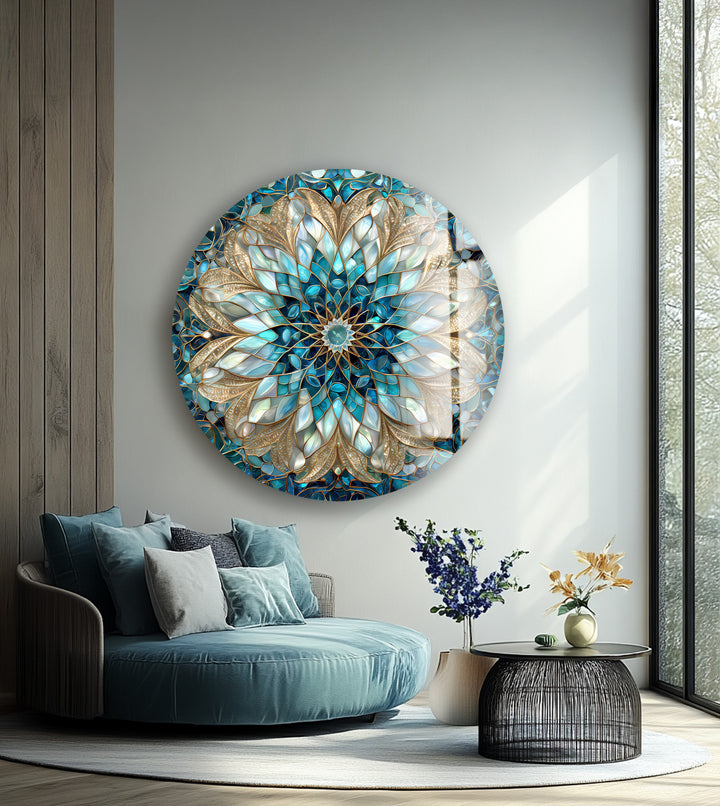 Celestial Bloom Mandala – Round Glass Wall Art