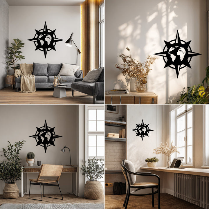 Global map compass metal wall art black