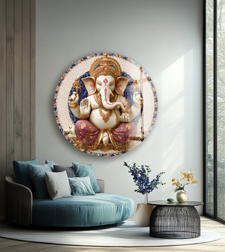 Golden Grace Ganesha – Round Glass Wall Art