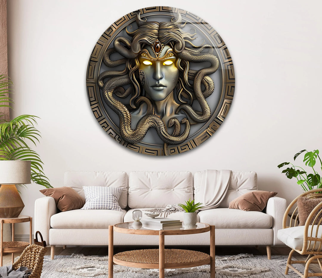 Gorgon’s Gaze – Medusa-Inspired Round Glass Wall Art - MyPhotoStation