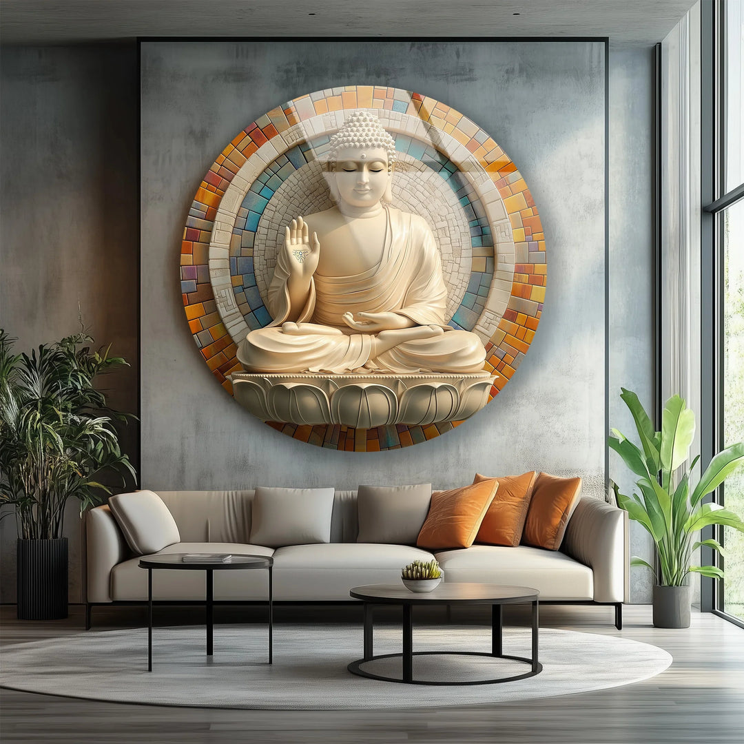 Tranquil Buddha Mosaic Round Glass Wall Art - MyPhotoStation