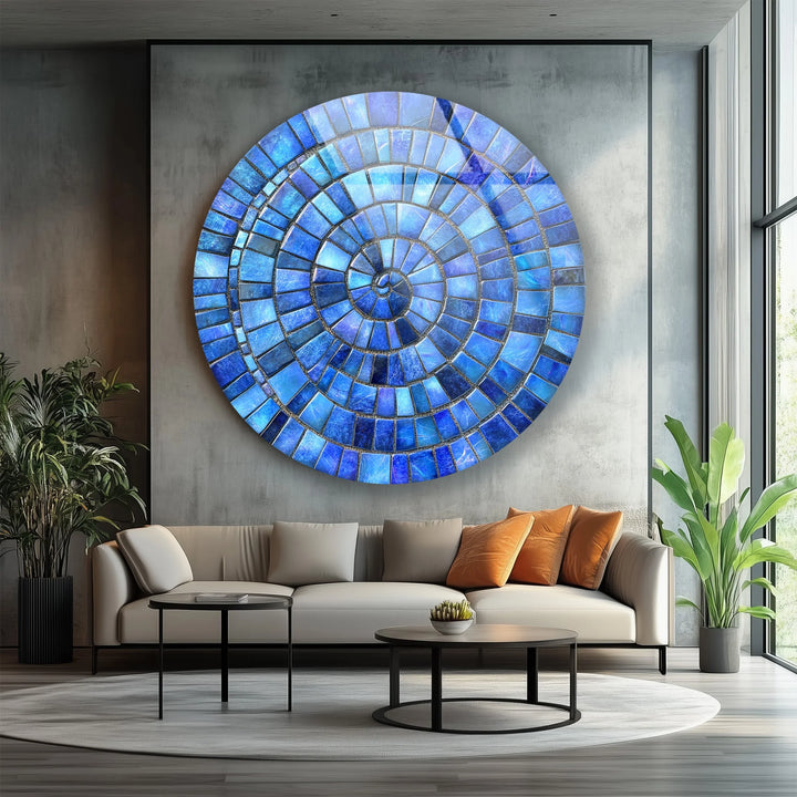 Ocean Spiral – Blue Mosaic Round Glass Wall Art - MyPhotoStation