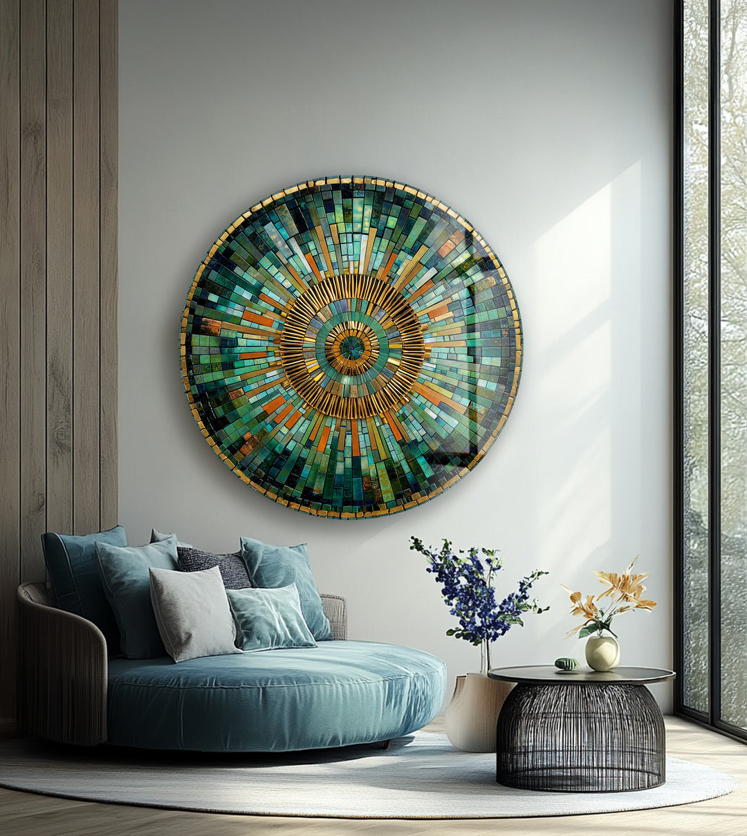 Golden Horizon – Emerald and Amber Mosaic Round Glass Wall Art