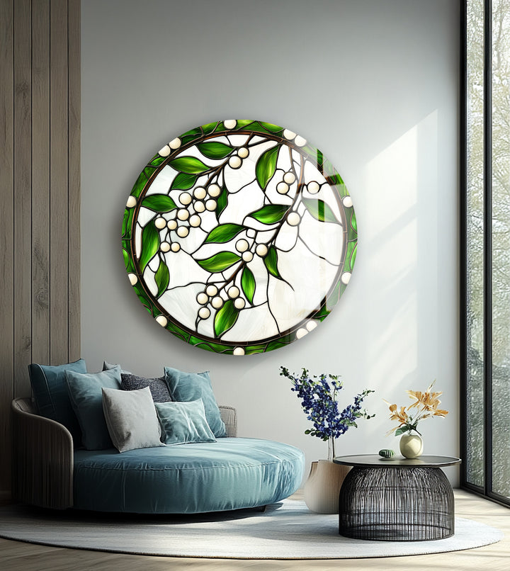 Emerald Berry Vines – Round Glass Wall Art