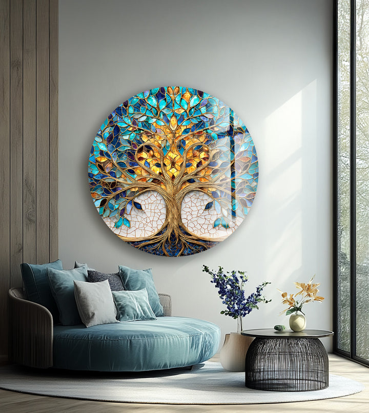 Luminous Harmony Tree – Round Glass Wall Art