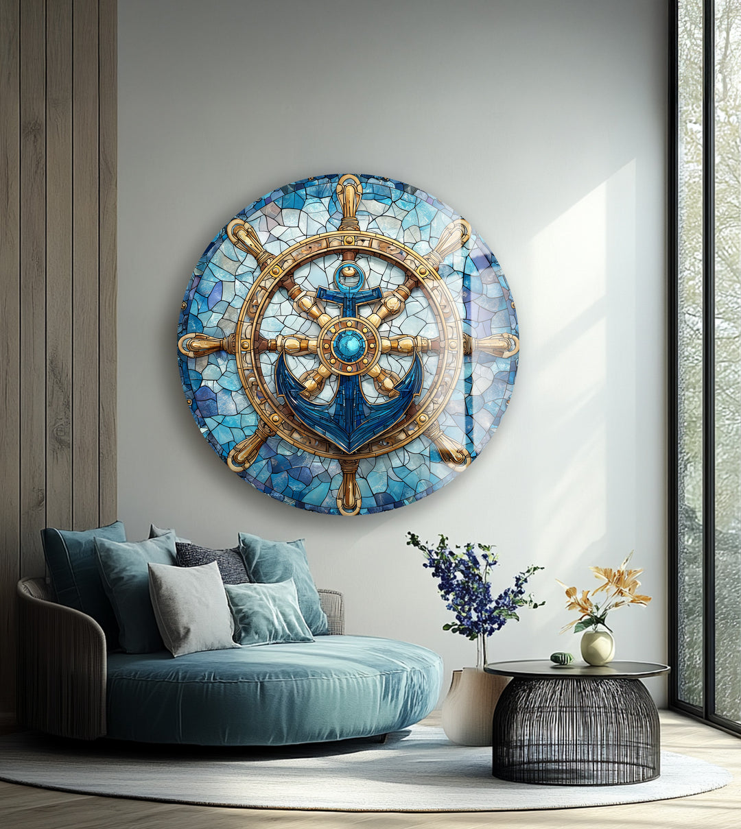 Nautical Helm & Anchor – Round Glass Wall Art