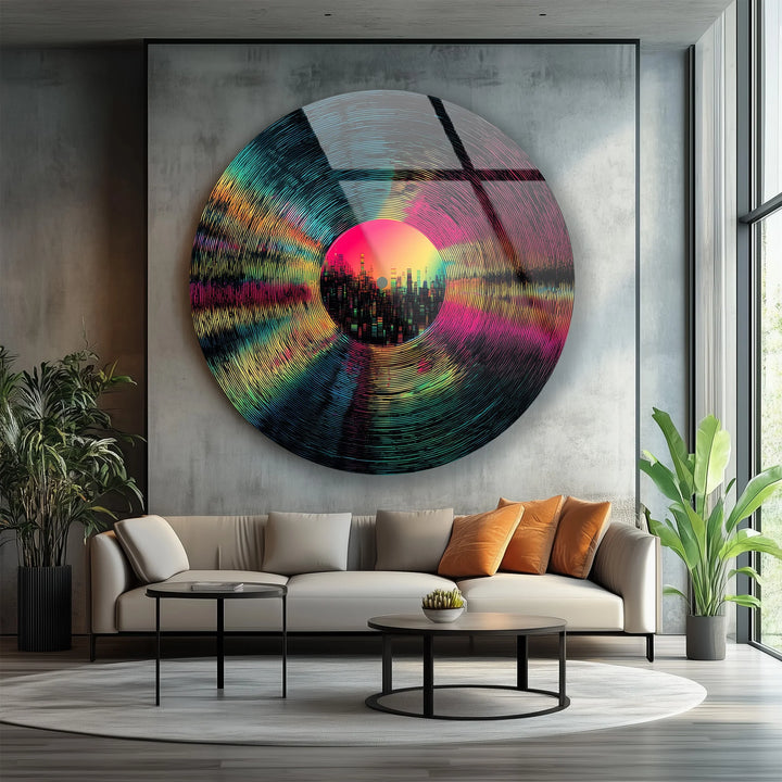 Neon Vinyl Cityscape – Round Glass Wall Art - MyPhotoStation