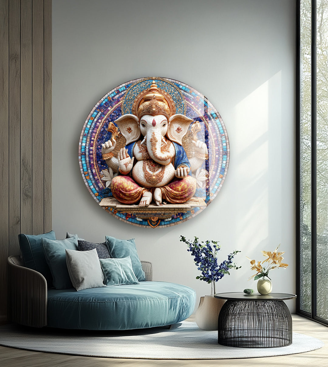 Divine Ganesha Mosaic – Round Glass Wall Art