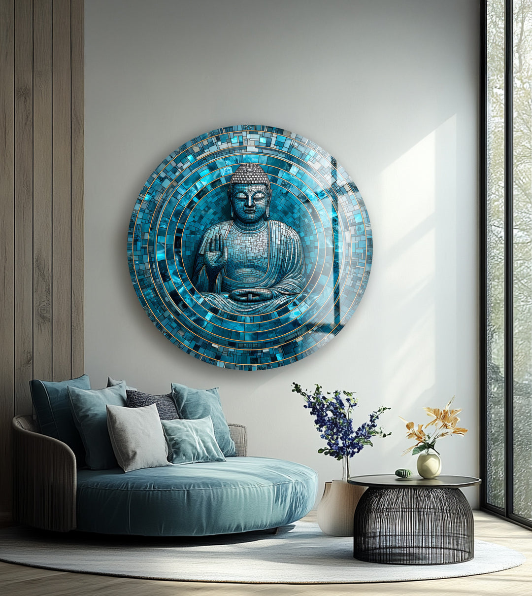 Tranquil Mosaic Buddha – Round Glass Wall Art