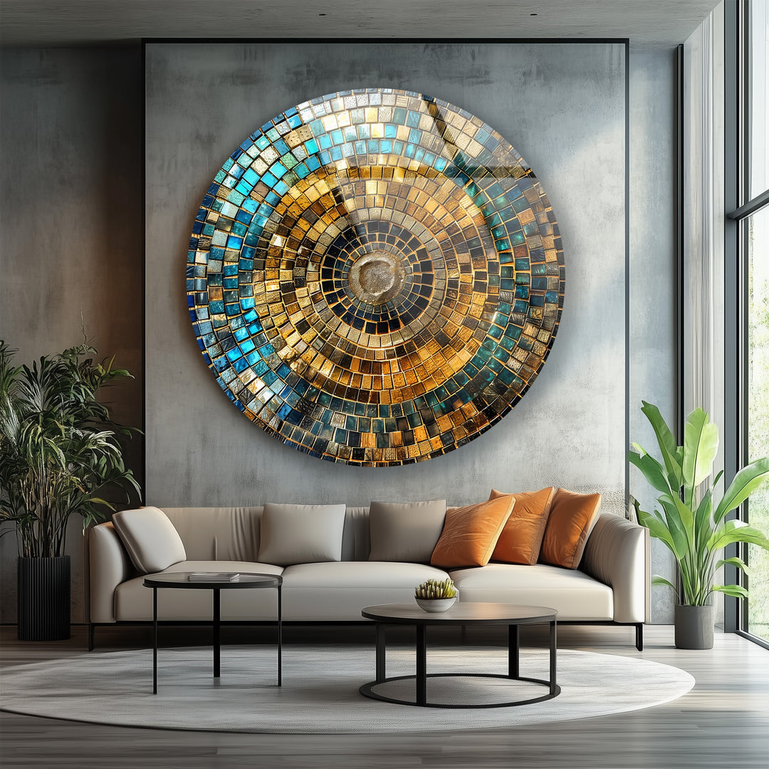 Round luxury glass mosaic wall art with blue and amber tones