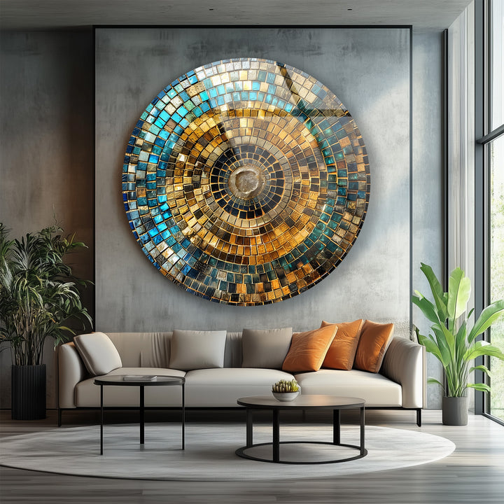 Round luxury glass mosaic wall art with blue and amber tones