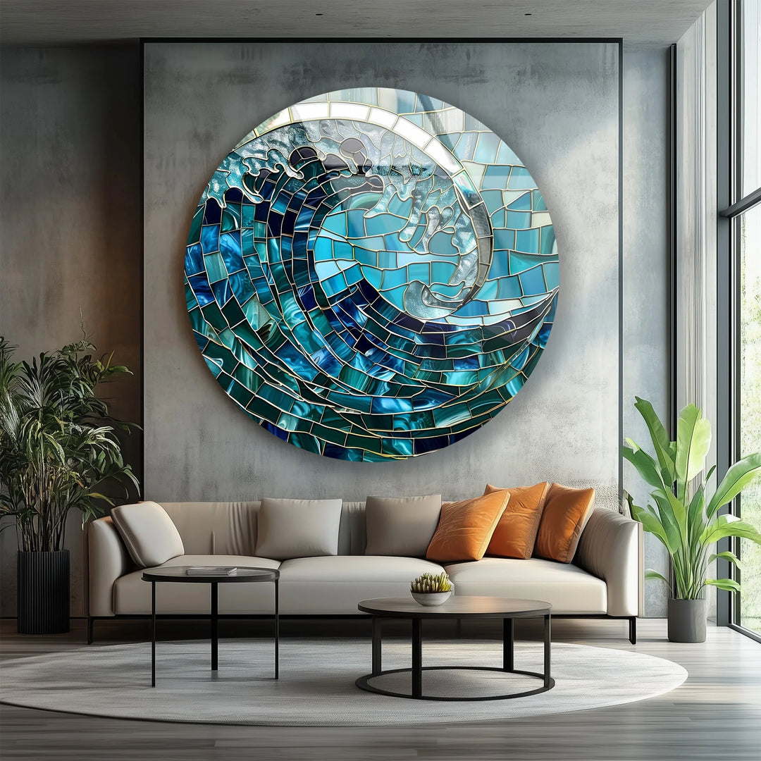 Ocean Wave Mosaic Round Glass Wall Art - MyPhotoStation
