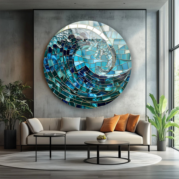 Ocean Wave Mosaic Round Glass Wall Art - MyPhotoStation