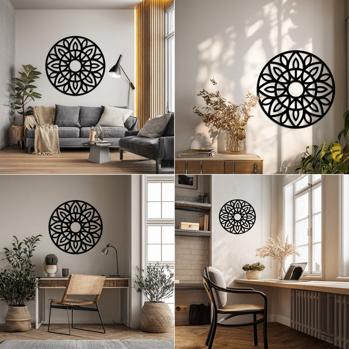 Black mandala metal wall art with symmetrical design