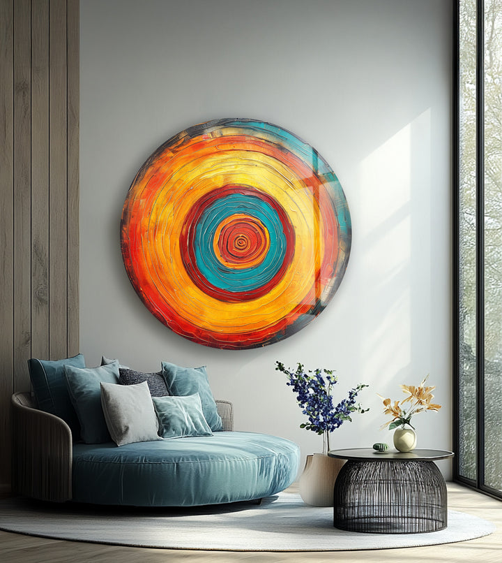 Abstract circular glass wall décor with fiery colors