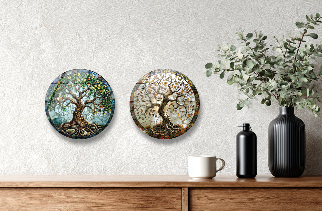 Colorful Mosaic Tree of Life Round Glass Wall Art Set – Boho Nature-Inspired Decor