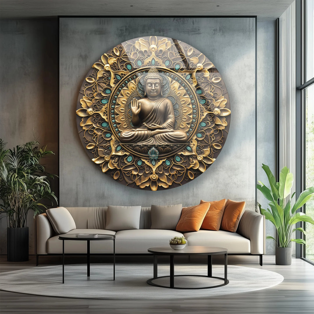 Golden Mandala Buddha – Ornate Round Glass Wall Art - MyPhotoStation