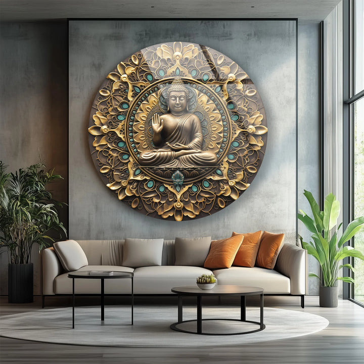 Golden Mandala Buddha – Ornate Round Glass Wall Art - MyPhotoStation